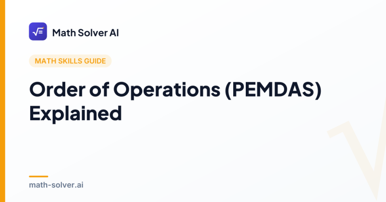 Step-by-step PEMDAS order of operations chart showing parentheses, exponents, multiplication, division, addition, and subtraction with a worked math example.