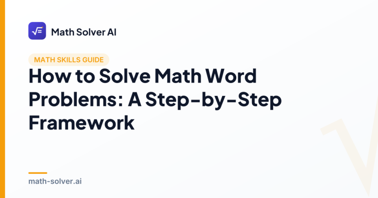 Student working through a math word problem on paper using a step-by-step framework, with labeled equations and notes